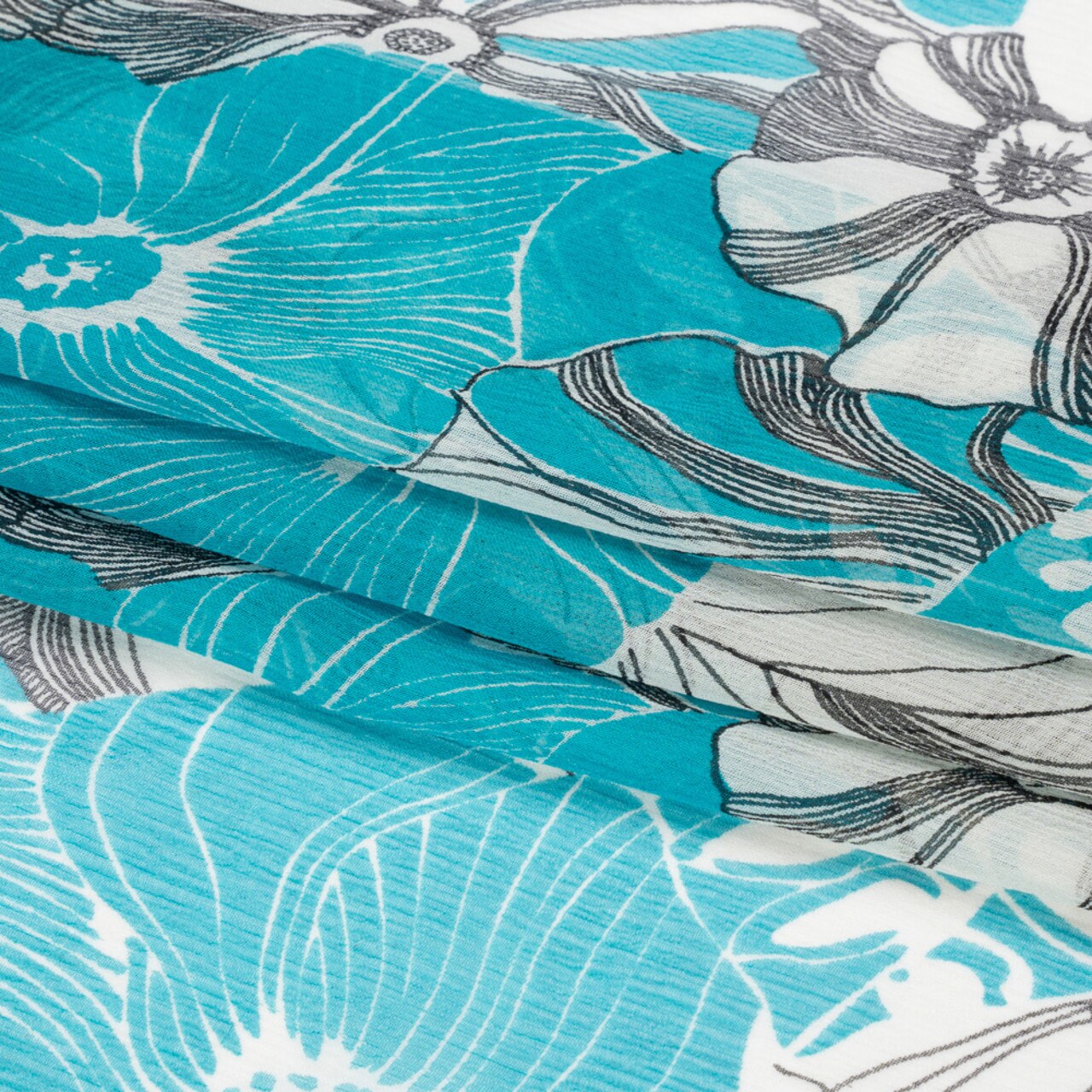 1 Yard Turquoise, Black and White Tropical Floral Crinkled Silk Chiffon Fabric 54 Inch Width